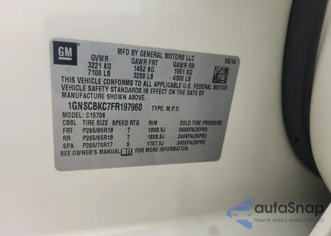 2015 Chevrolet Tahoe C1500 Lt z USA, uszkodzony, nr VIN 1GNSCBKC7FR197960